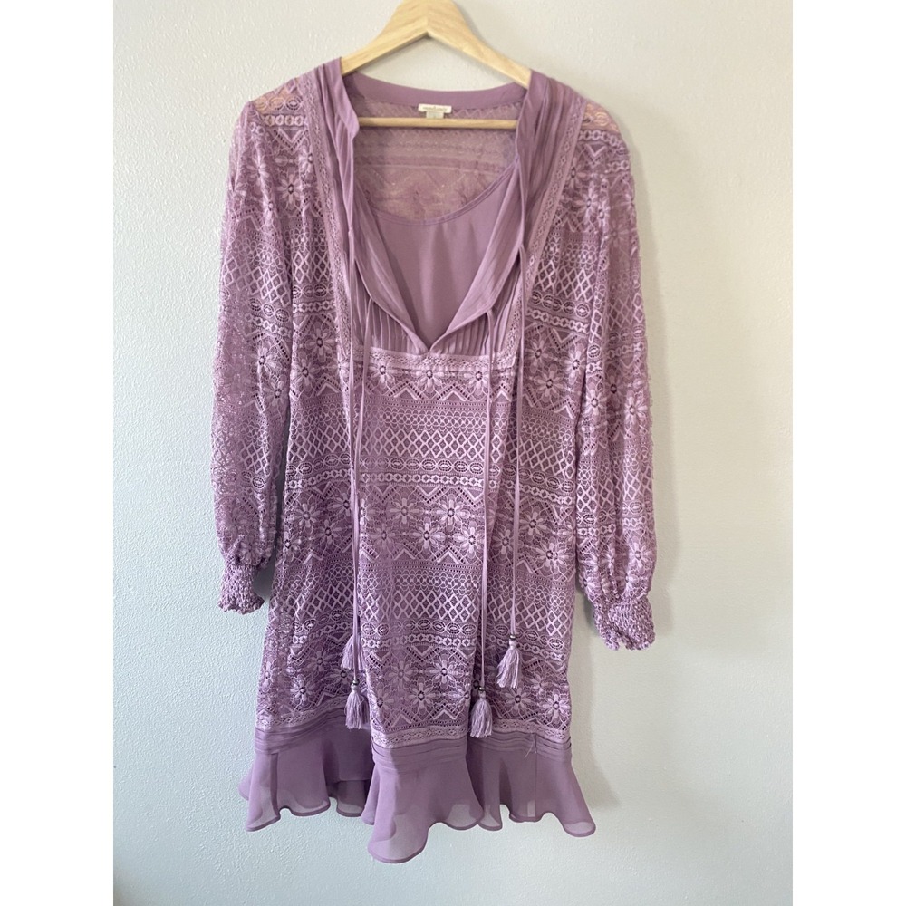 Sundance Floral Lace Purple‎ Sheer Tassle Boho Long Sleeve Dress Women Sz Small
